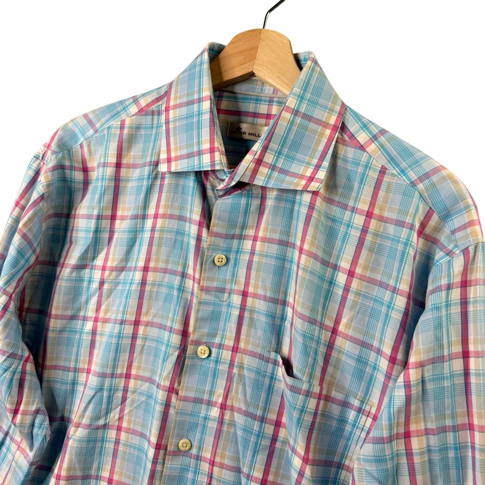Peter Millar Mens Large Plaid Button Down Shirt Blue Pink‎ Cotton Long Sleeve